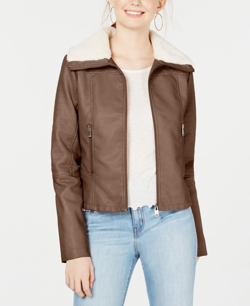 Jaqueta de motociclista com gola de pele sintética Coffee Shop Juniors, tamanho pequeno, bege, amendoim