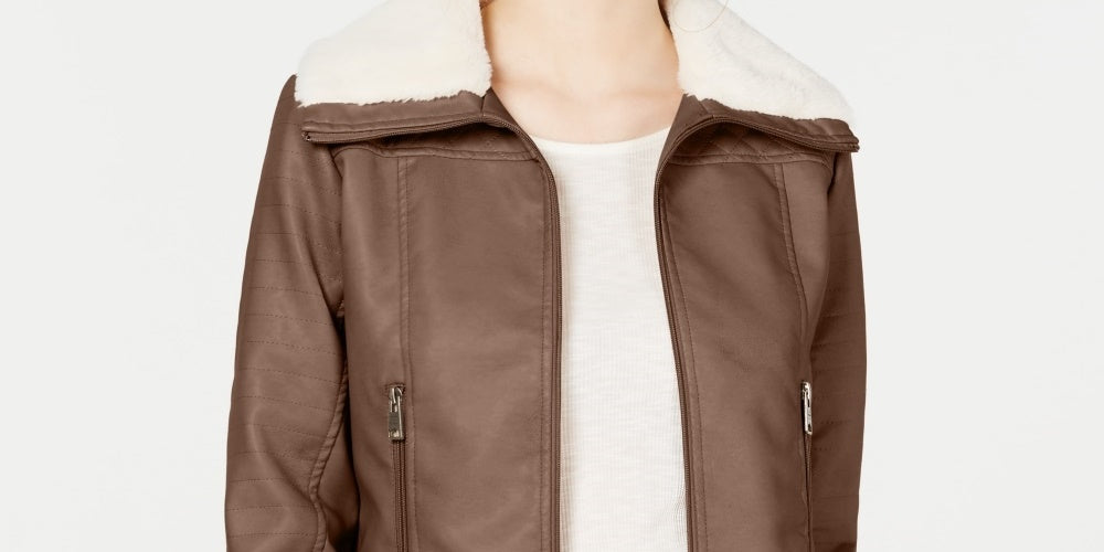 Jaqueta de motociclista com gola de pele sintética Coffee Shop Juniors, tamanho pequeno, bege, amendoim