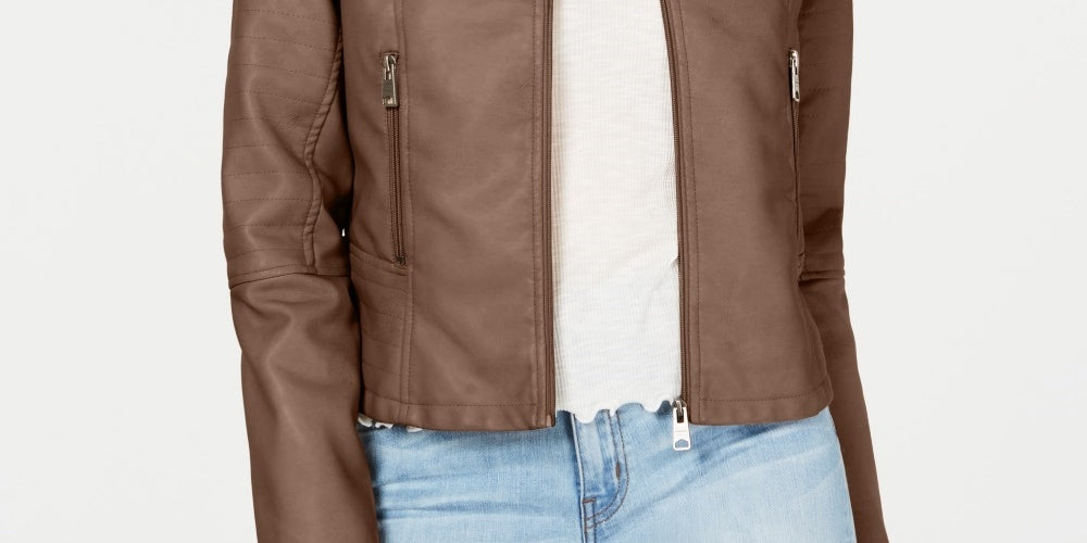 Jaqueta de motociclista com gola de pele sintética Coffee Shop Juniors, tamanho pequeno, bege, amendoim