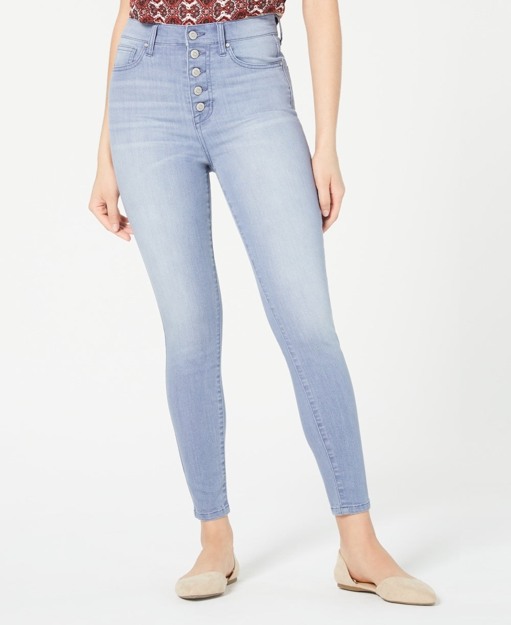 Calça jeans skinny de cintura alta com botões e zíper rosa Celebrity Juniors, tamanho 11