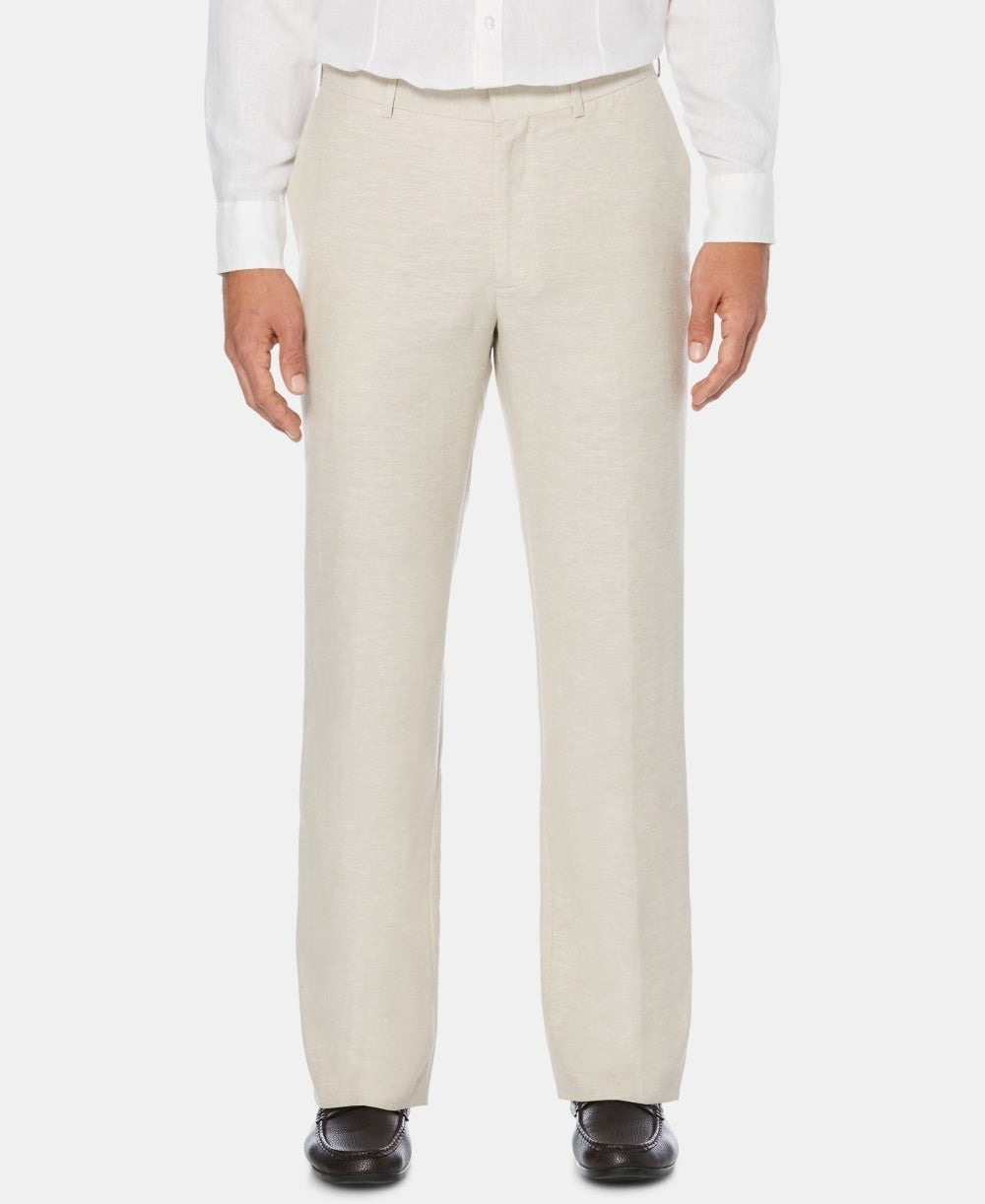 Calça de linho texturizada com frente lisa masculina Cubavera, bege escuro, tamanho 52x32