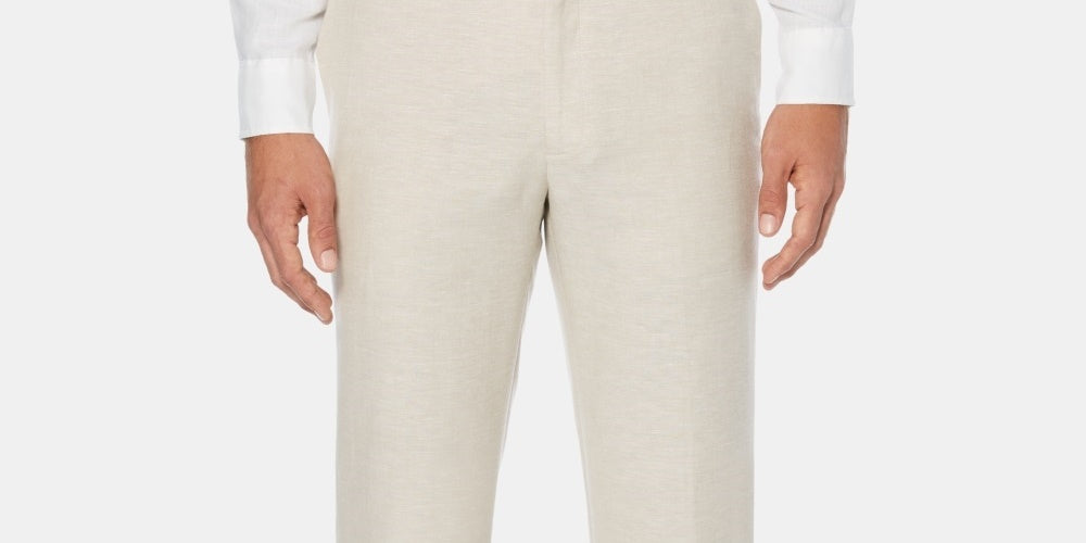 Calça de linho texturizada com frente lisa masculina Cubavera, bege escuro, tamanho 52x32