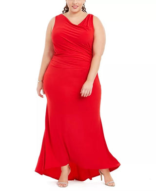 Vestido longo feminino Calvin Klein com decote drapeado e gola alta, vermelho, tamanho 22W