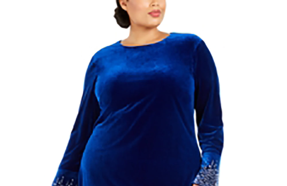 Vestido Calvin Klein Plus Size Feminino de Veludo com Manga Sino e Brilho Azul Tamanho 14W