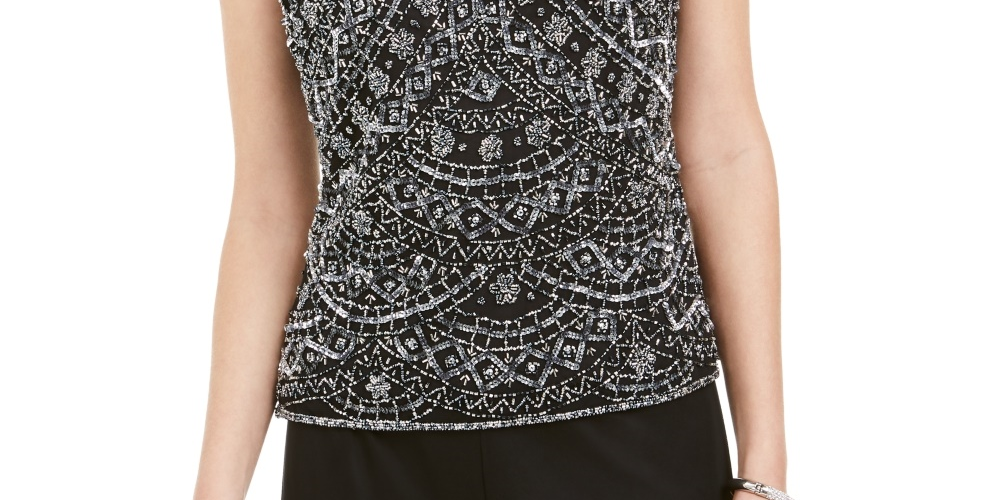 Blusa feminina bordada com miçangas 28Th &amp; Park, cinza, tamanho 14