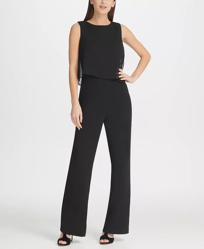 Macacão feminino DKNY com sobreposição de chiffon, preto, tamanho 14