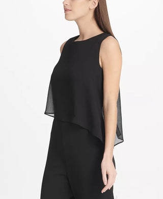 Macacão feminino DKNY com sobreposição de chiffon, preto, tamanho 14