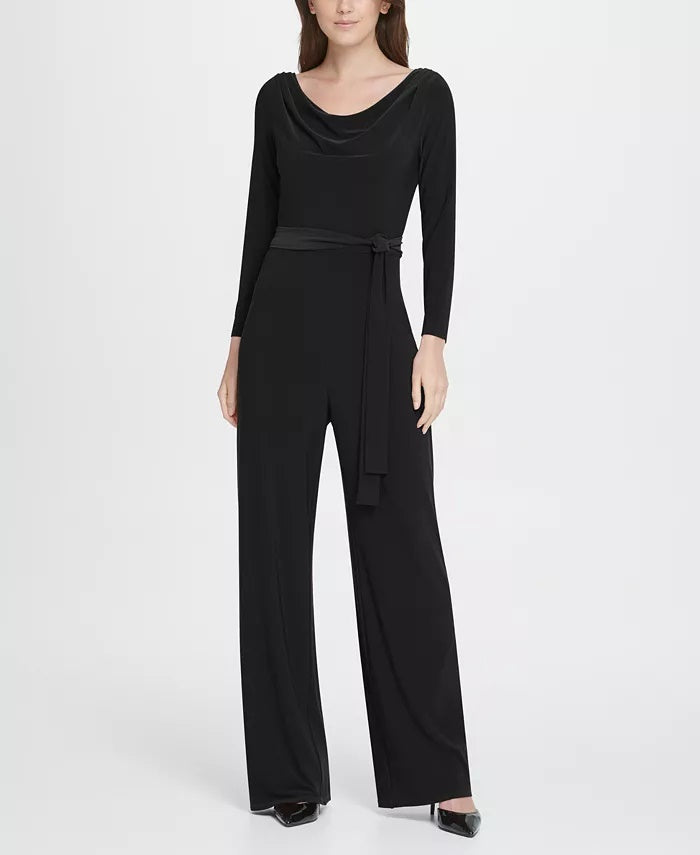 Macacão feminino DKNY com decote careca e cinto, preto, tamanho 8