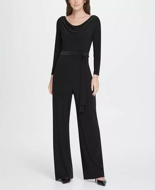 Macacão feminino DKNY com decote careca e cinto, preto, tamanho 8