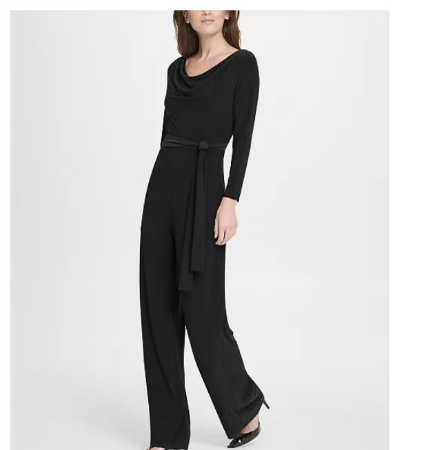 Macacão feminino DKNY com decote careca e cinto, preto, tamanho 8