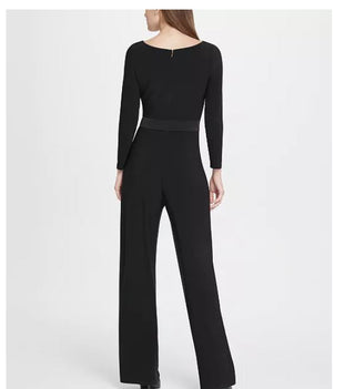 Macacão feminino DKNY com decote careca e cinto, preto, tamanho 8