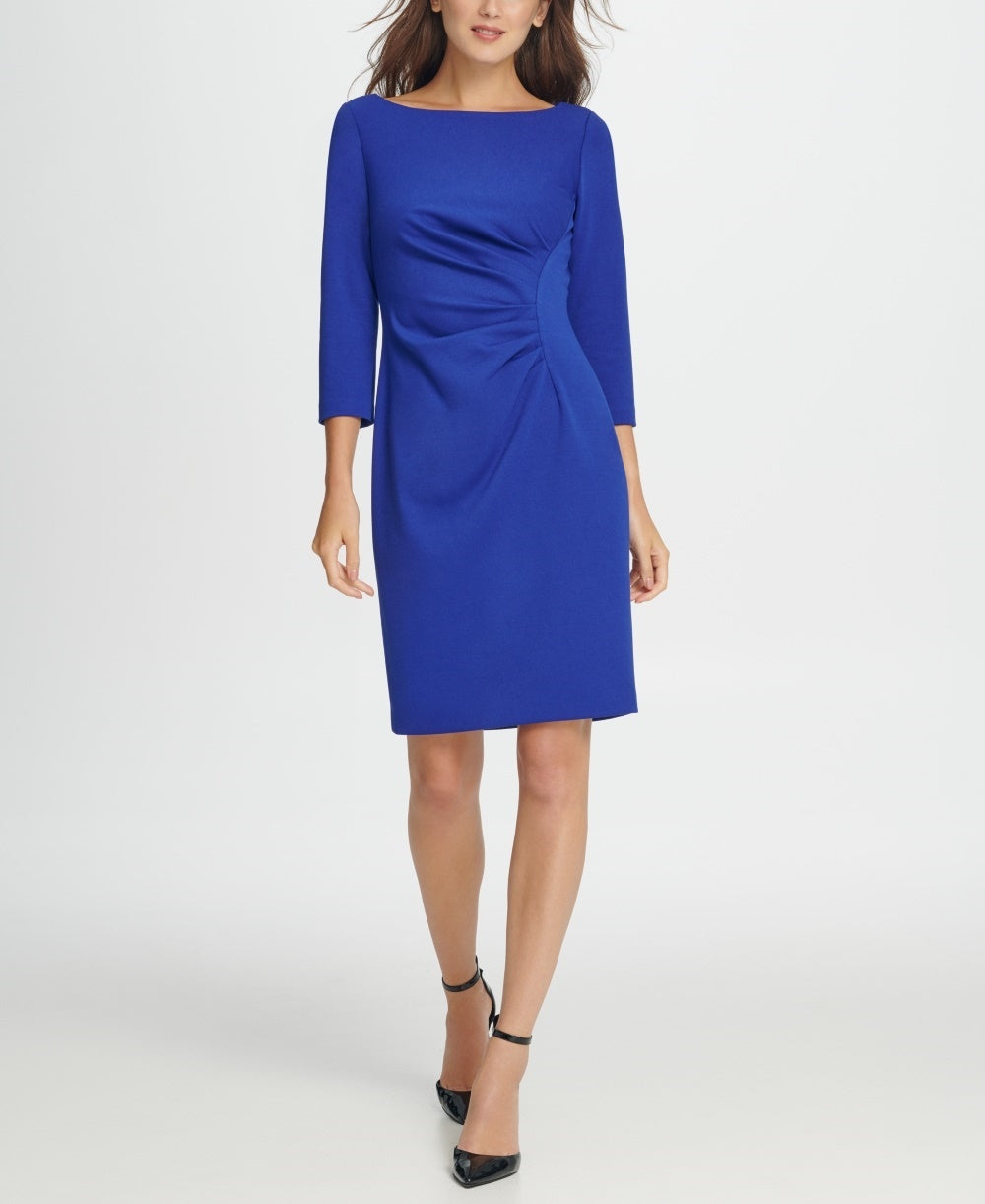 Vestido feminino DKNY com bainha franzida lateral e ponte azul, tamanho 2