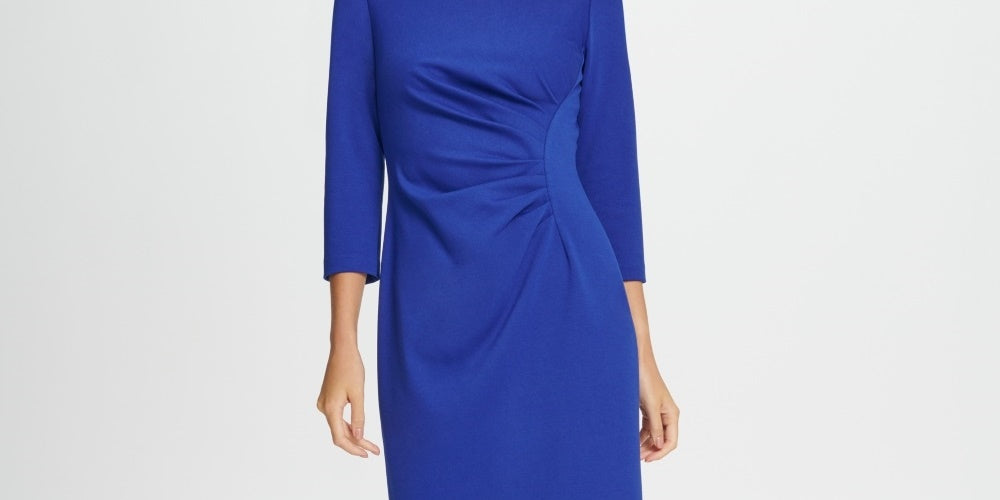 Vestido feminino DKNY com bainha franzida lateral e ponte azul, tamanho 2