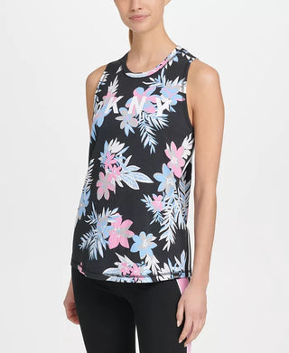 Camiseta regata feminina DKNY Sport com estampa de logotipo, preta, tamanho médio