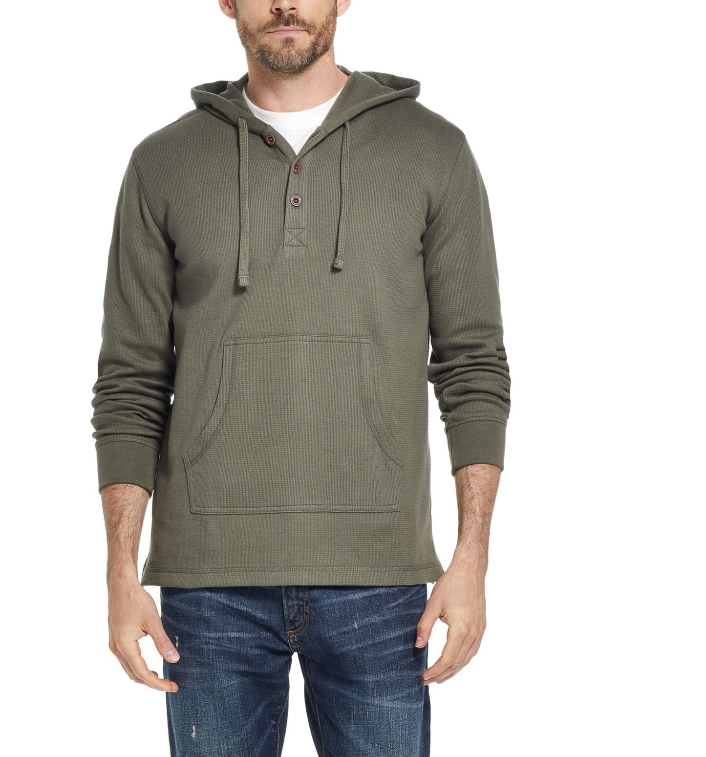 Suéter masculino vintage à prova de intempéries com capuz e bolso em malha waffle verde tamanho pequeno