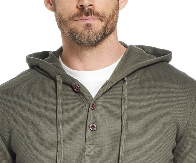 Suéter masculino vintage à prova de intempéries com capuz e bolso em malha waffle verde tamanho pequeno