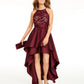 Vestido curto com decote halter alto e baixo e acabamento em renda para jovens, cor esmeralda, roxo, tamanho 1