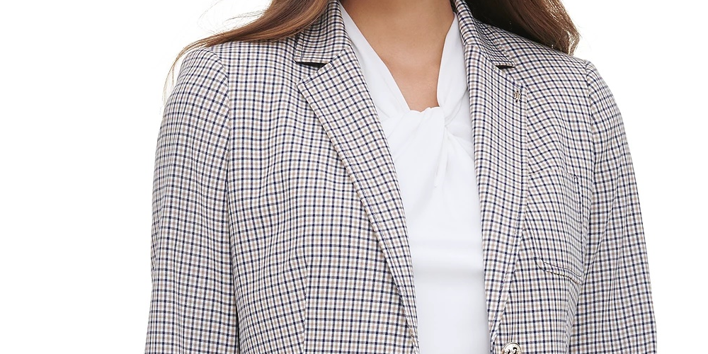 Tommy Hilfiger Blazer feminino com estampa xadrez e acolchoamento nos cotovelos, marrom, tamanho 6