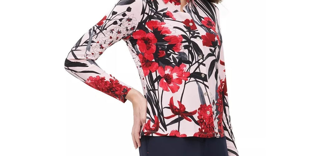 Blusa feminina Tommy Hilfiger com botões e gola floral, rosa, tamanho extragrande