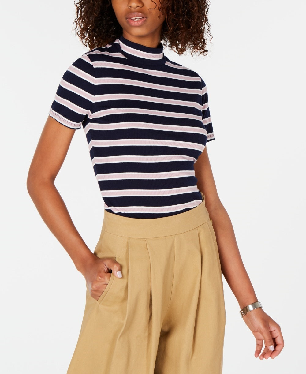 Blusa de gola alta simulada em malha canelada Hippie Rose Junior, tamanho azul-marinho, médio