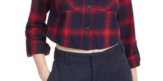 Camisa curta de flanela xadrez Dickies feminina, tamanho grande, vermelha