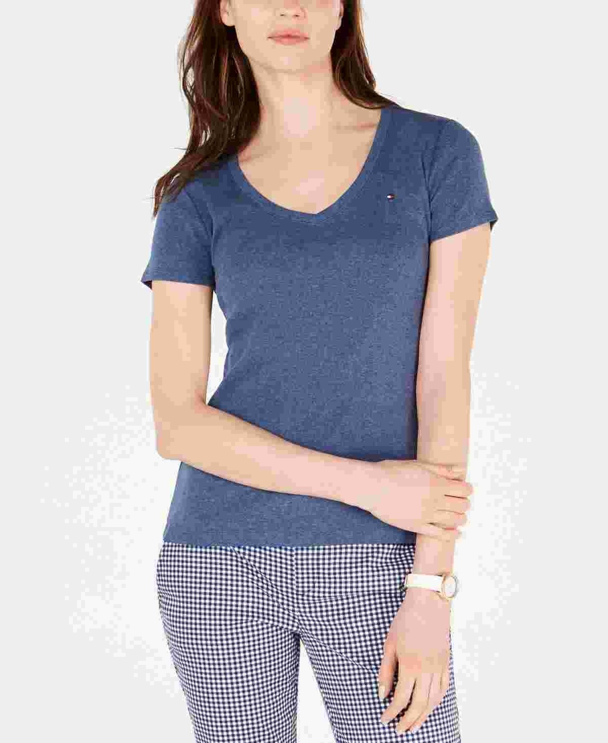 Camiseta feminina Tommy Hilfiger com decote em V, azul-marinho, tamanho extragrande