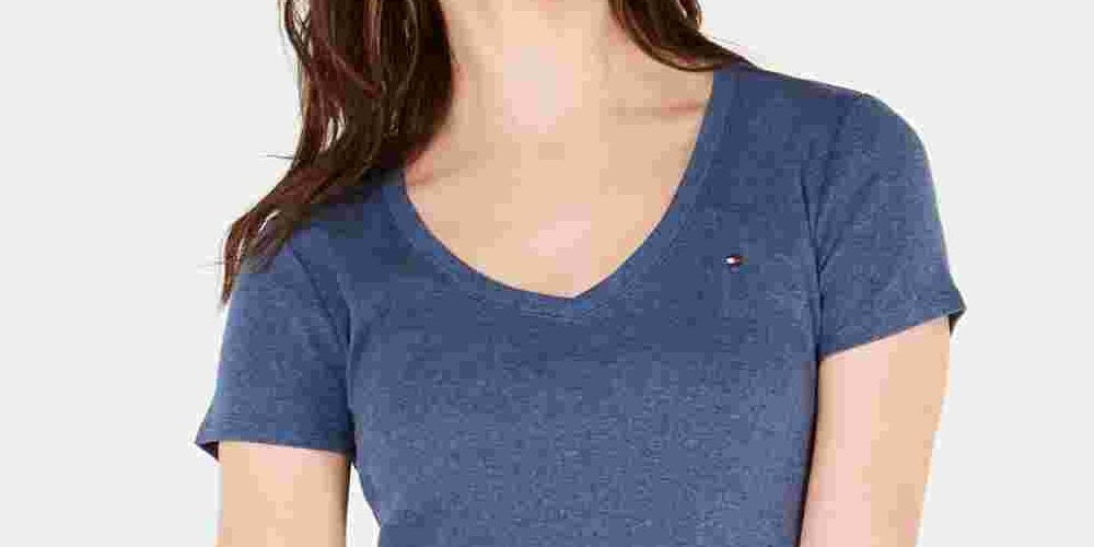 Camiseta feminina Tommy Hilfiger com decote em V, azul-marinho, tamanho extragrande