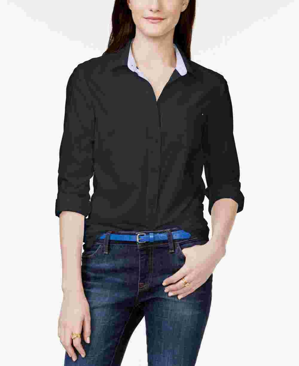 Camisa Tommy Hilfiger feminina de algodão com aba enrolada, tamanho P, azul-marinho