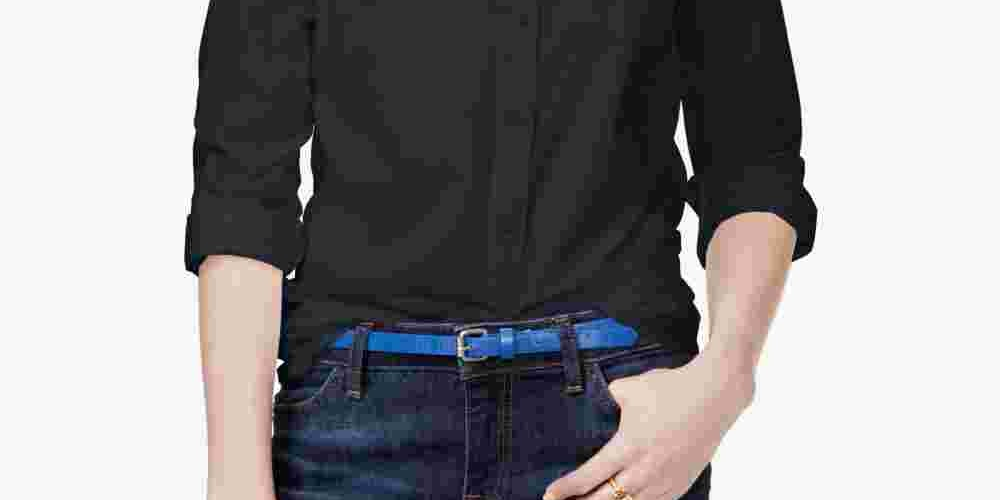 Camisa Tommy Hilfiger feminina de algodão com aba enrolada, tamanho P, azul-marinho