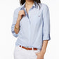 Camisa Tommy Hilfiger Feminina de Algodão Riscada Azul Tamanho Grande
