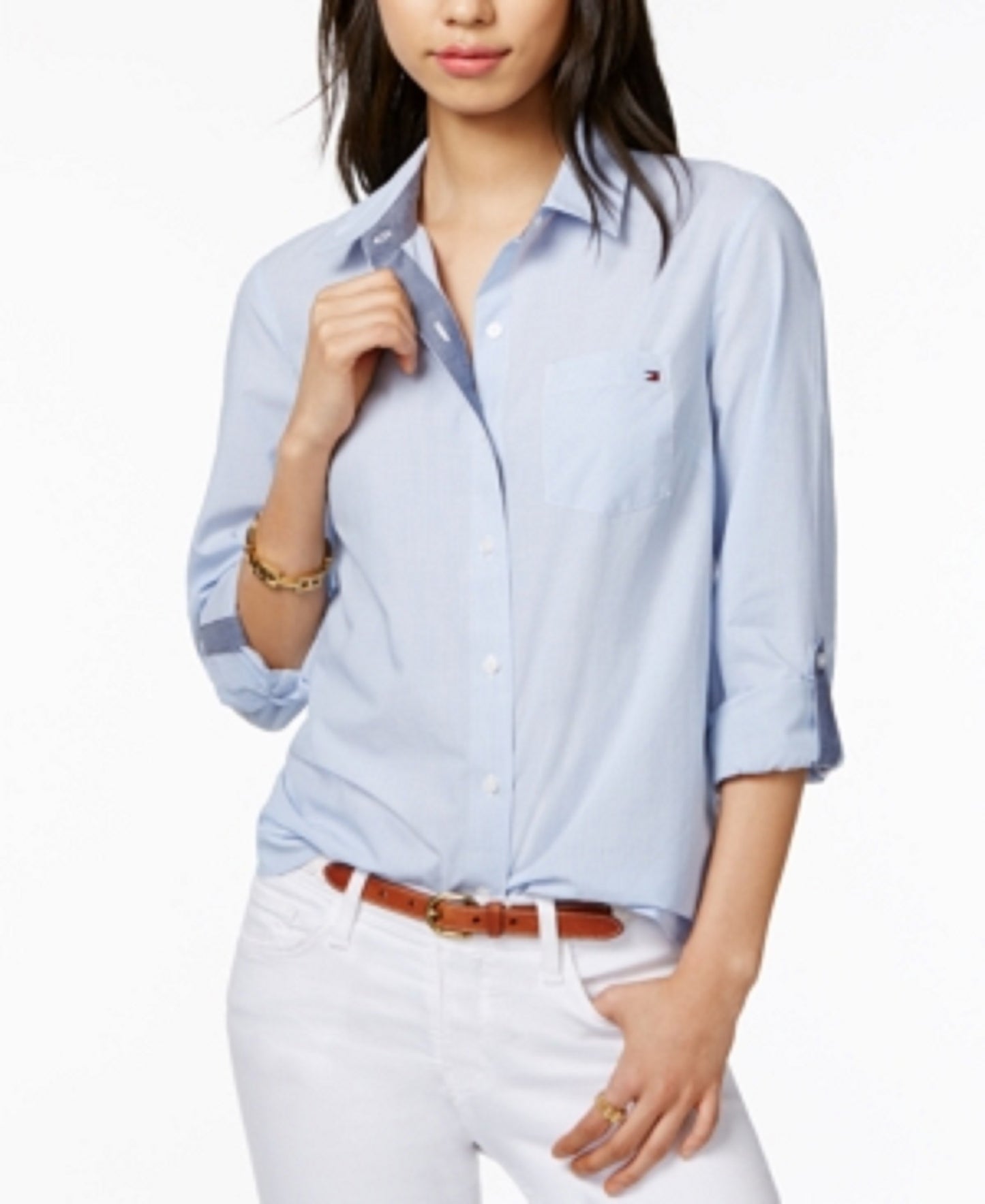 Camisa Tommy Hilfiger Feminina de Algodão Riscada Azul Tamanho Grande