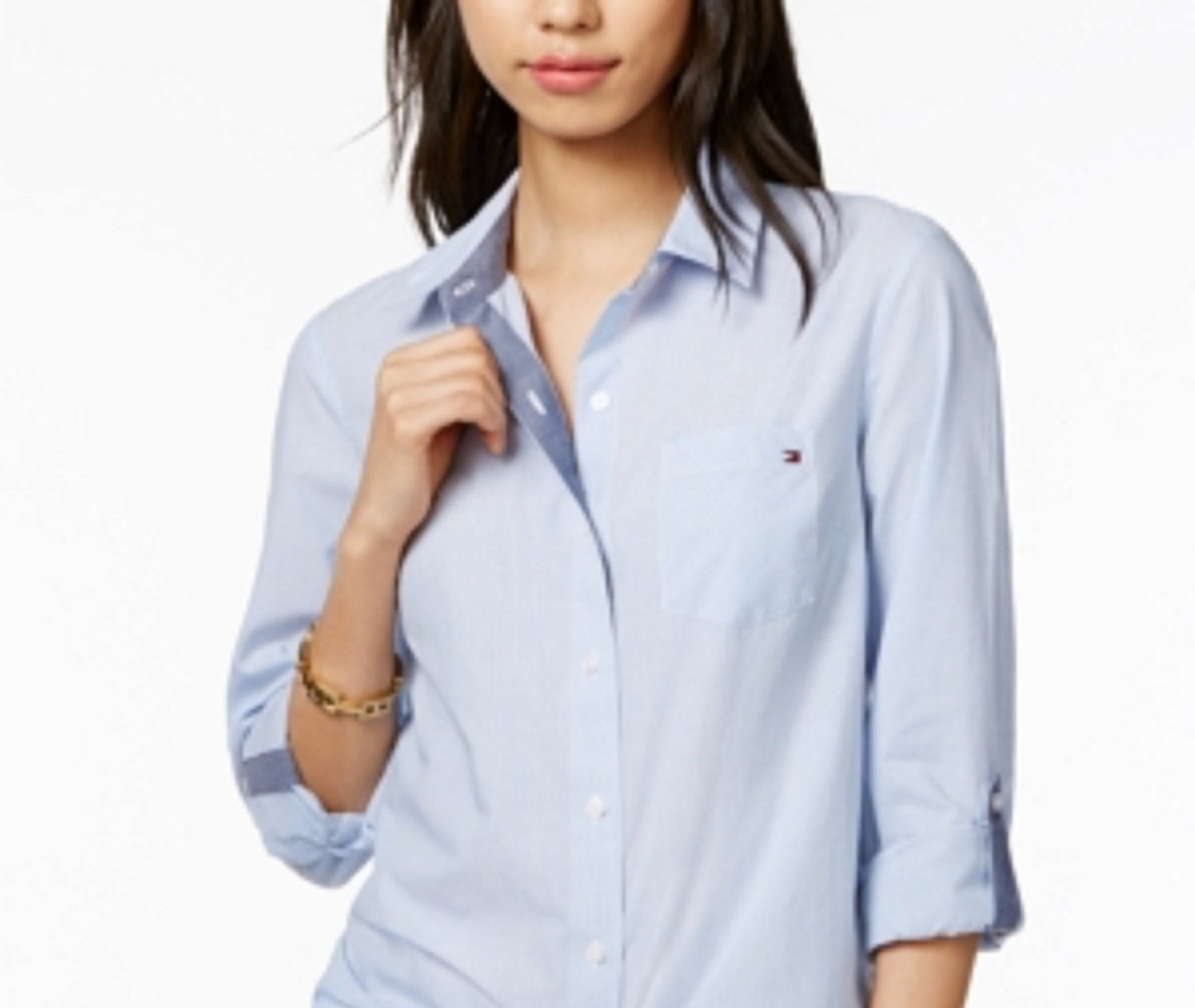 Camisa Tommy Hilfiger Feminina de Algodão Riscada Azul Tamanho Grande