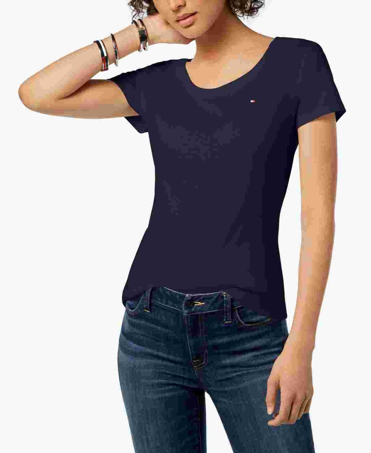 Camiseta feminina Tommy Hilfiger de algodão com decote redondo, azul-marinho, tamanho GG