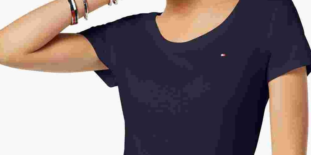Camiseta feminina Tommy Hilfiger de algodão com decote redondo, azul-marinho, tamanho GG