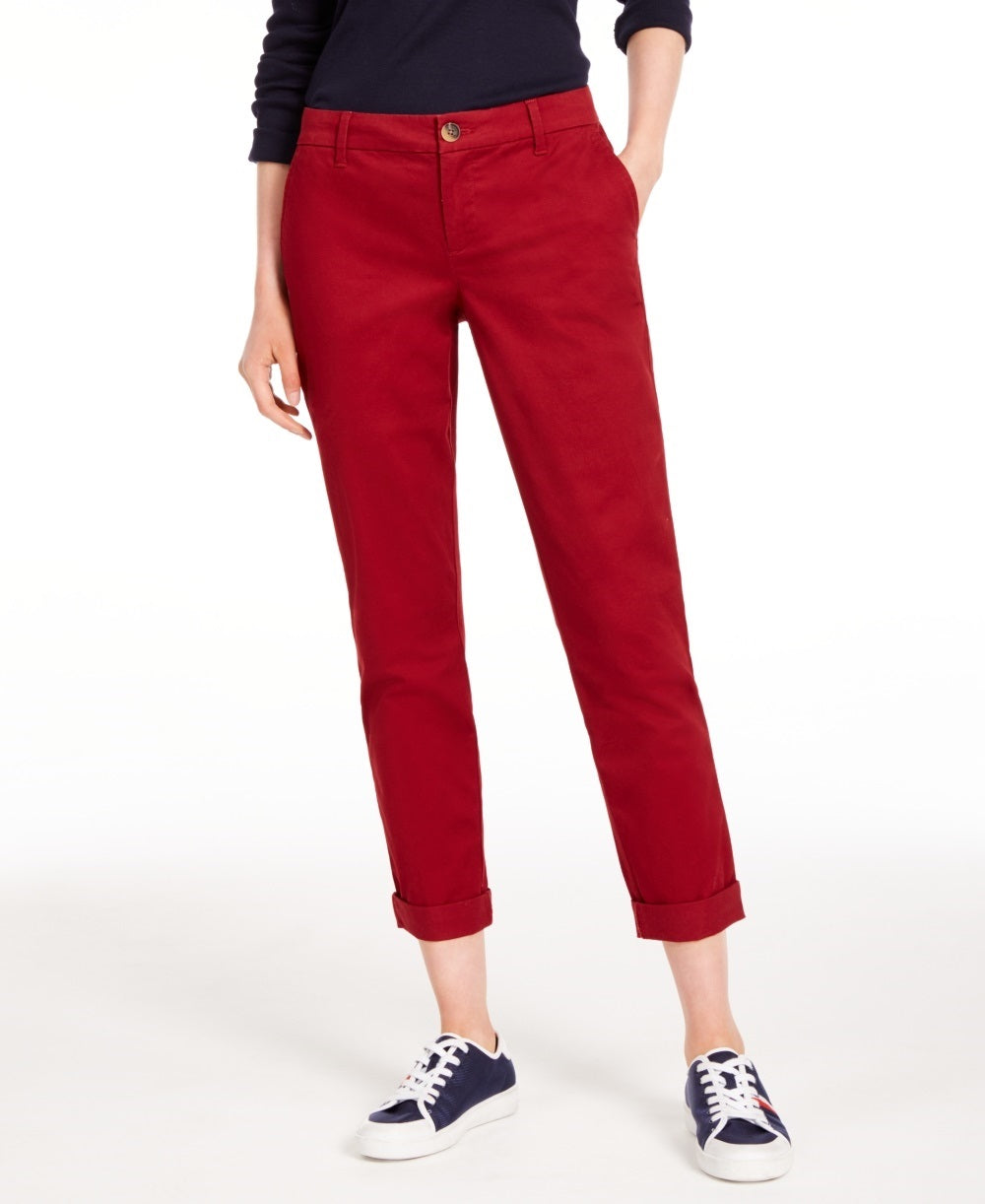 Calça Chino Reta Tommy Hilfiger Feminina com Punho, Vermelha, Tamanho 2