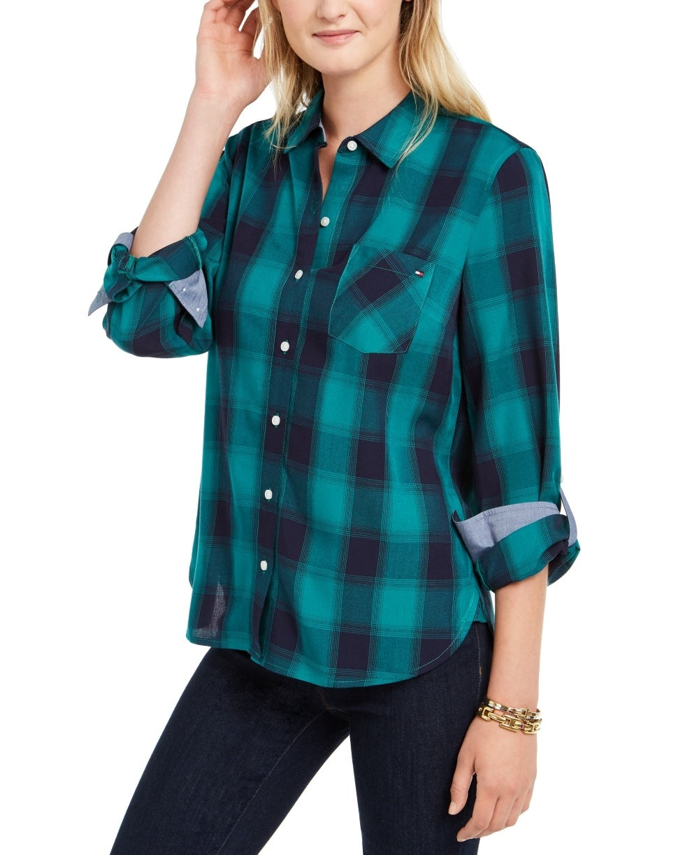 Camisa xadrez feminina Tommy Hilfiger com botões, verde, tamanho médio