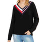 Suéter listrado gola V feminino Tommy Hilfiger, preto, tamanho médio