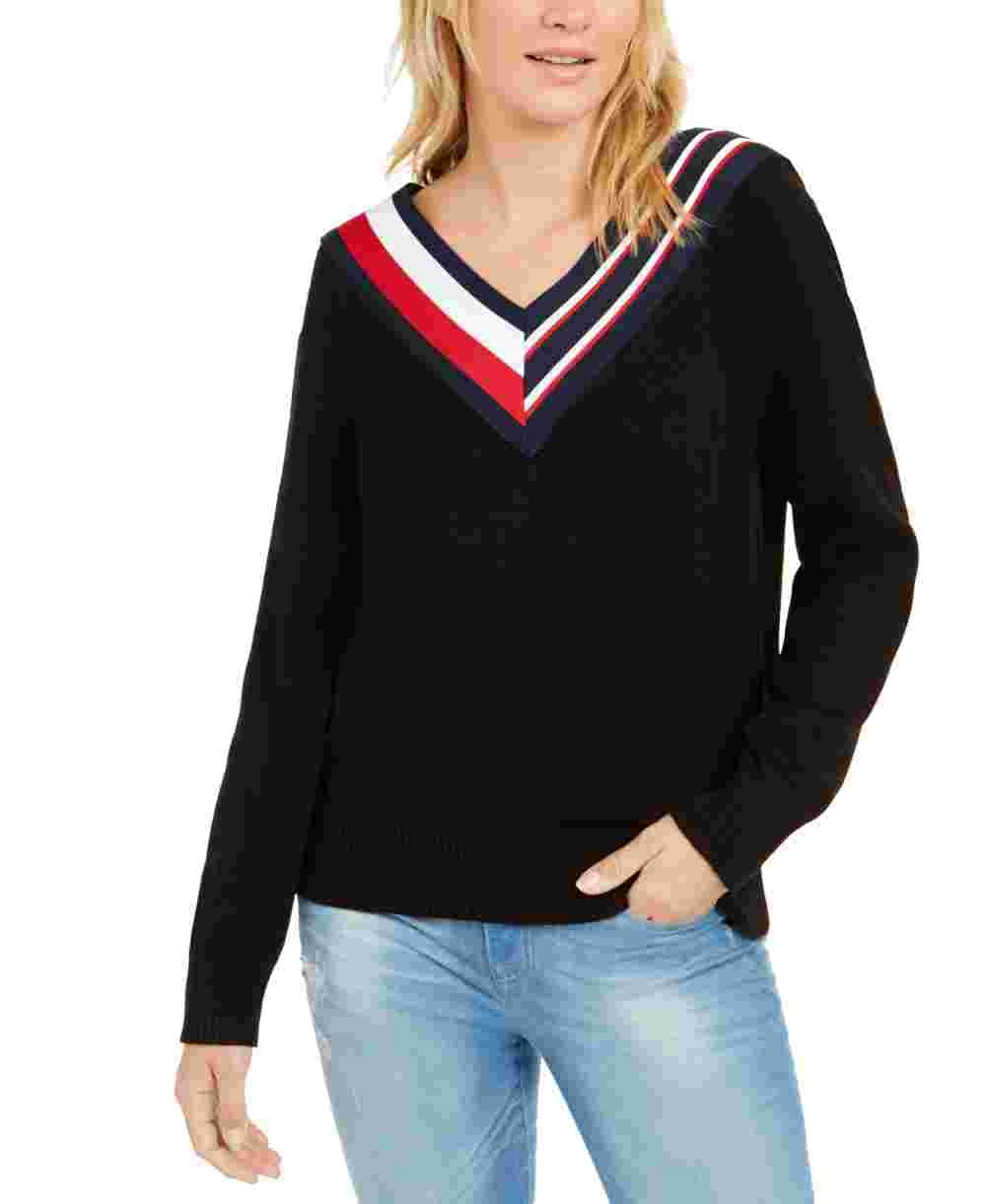 Suéter listrado gola V feminino Tommy Hilfiger, preto, tamanho médio