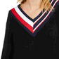 Suéter listrado gola V feminino Tommy Hilfiger, preto, tamanho médio