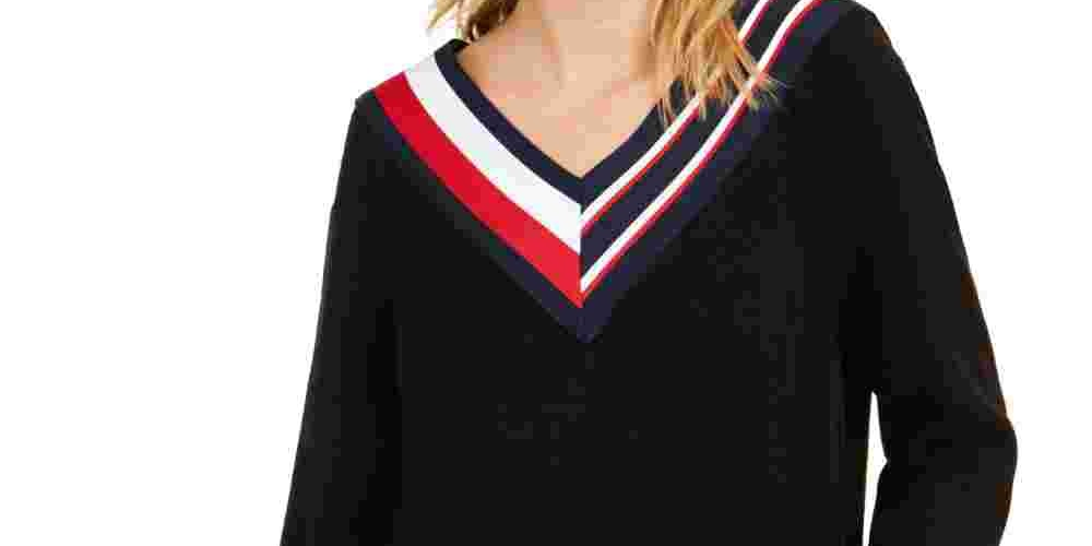 Suéter listrado gola V feminino Tommy Hilfiger, preto, tamanho médio