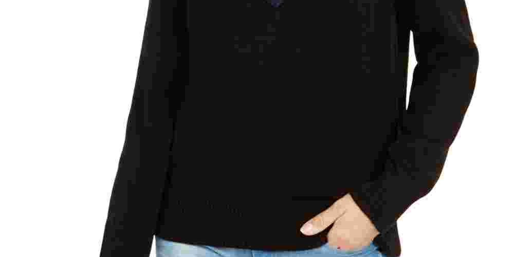 Suéter listrado gola V feminino Tommy Hilfiger, preto, tamanho médio