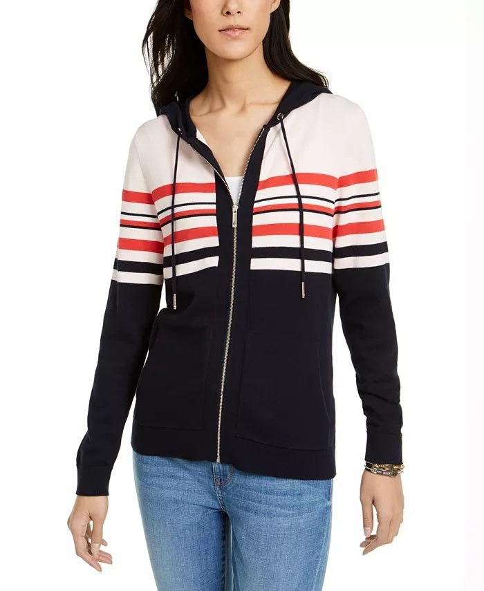 Tommy Hilfiger Suéter feminino listrado de algodão com capuz rosa tamanho médio