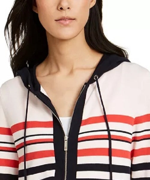 Tommy Hilfiger Suéter feminino listrado de algodão com capuz rosa tamanho médio