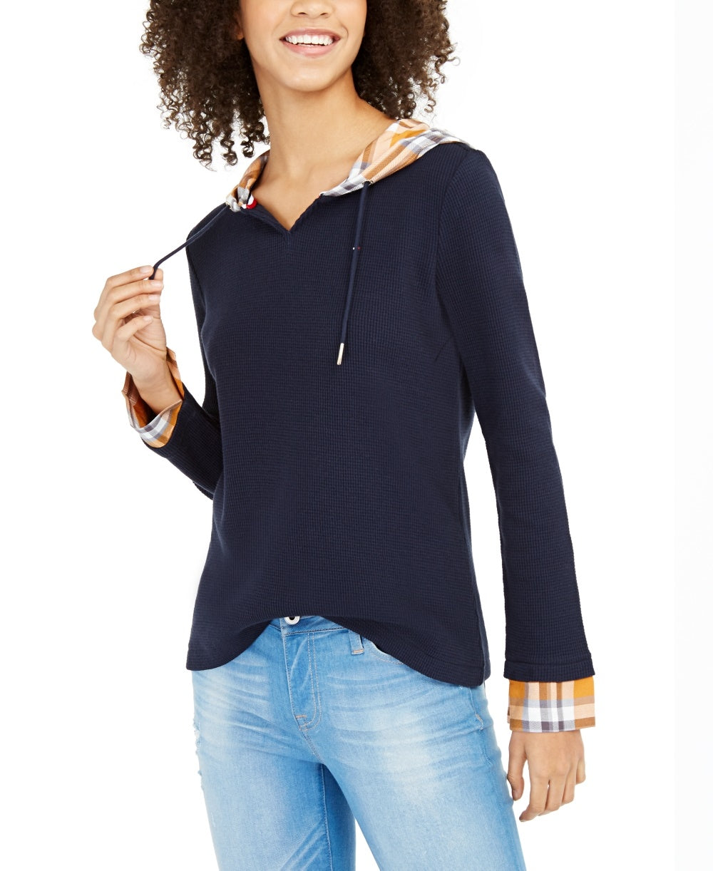 Tommy Hilfiger Blusa feminina com capuz e estampa xadrez contrastante, tamanho médio, azul marinho