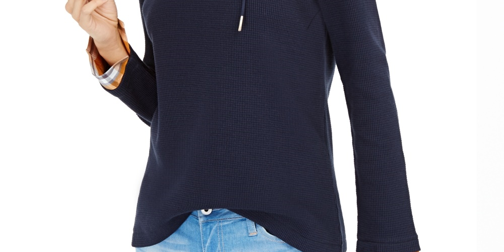 Tommy Hilfiger Blusa feminina com capuz e estampa xadrez contrastante, tamanho médio, azul marinho