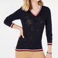 Suéter feminino Tommy Hilfiger de algodão com acabamento listrado Pointelle, azul, tamanho pequeno