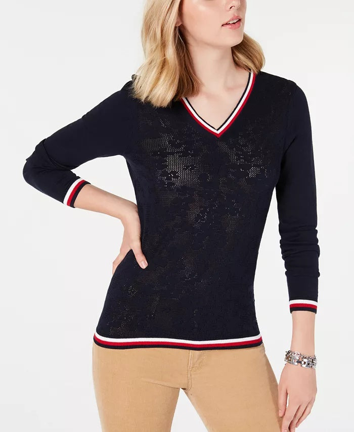 Suéter feminino Tommy Hilfiger de algodão com acabamento listrado Pointelle, azul, tamanho pequeno