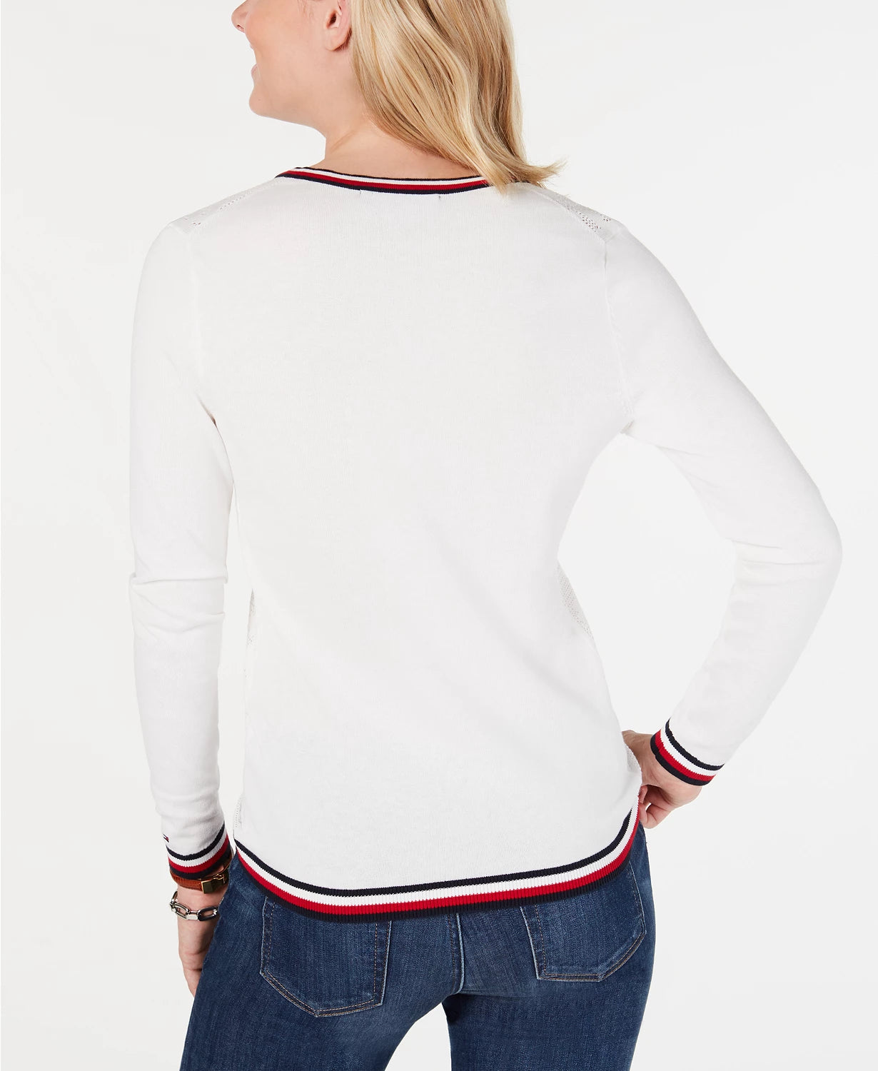 Suéter feminino Tommy Hilfiger de algodão com acabamento listrado Pointelle, azul, tamanho pequeno