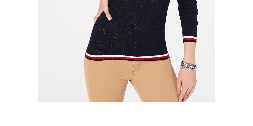 Suéter feminino Tommy Hilfiger de algodão com acabamento listrado Pointelle, azul, tamanho pequeno