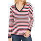 Suéter feminino Tommy Hilfiger de algodão listrado com decote em V, azul, tamanho médio